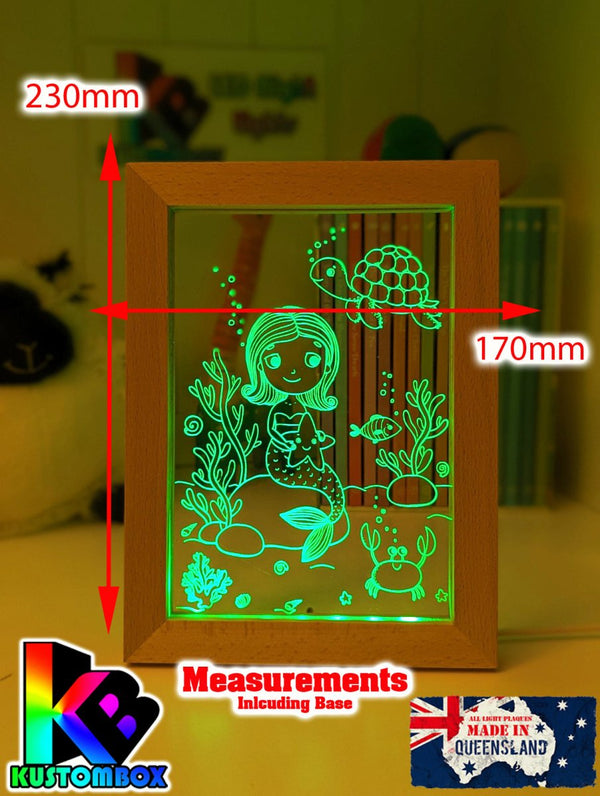 Mermaid Princess & Turtle Personalised Name Timber Picture Frame USB 3D LED Night Light Lamp - KustomboxNight Lights & Ambient LightingKustomboxTimber Frame Light