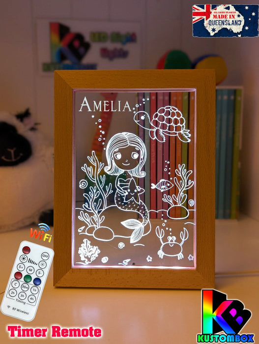 Mermaid Princess & Turtle Personalised Name Timber Picture Frame USB 3D LED Night Light Lamp - KustomboxNight Lights & Ambient LightingKustomboxTimber Frame Light