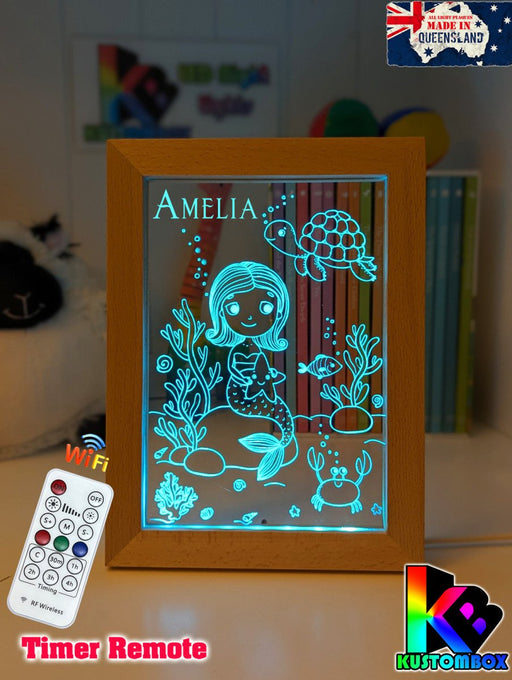 Mermaid Princess & Turtle Personalised Name Timber Picture Frame USB 3D LED Night Light Lamp - KustomboxNight Lights & Ambient LightingKustomboxTimber Frame Light