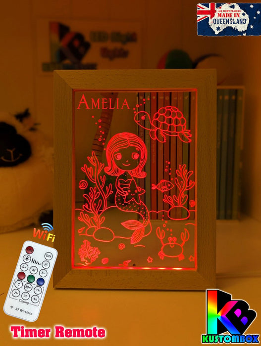 Mermaid Princess & Turtle Personalised Name Timber Picture Frame USB 3D LED Night Light Lamp - KustomboxNight Lights & Ambient LightingKustomboxTimber Frame Light