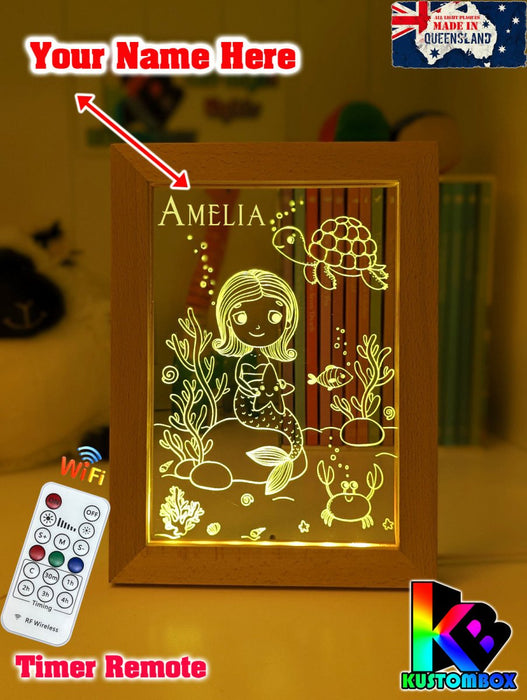 Mermaid Princess & Turtle Personalised Name Timber Picture Frame USB 3D LED Night Light Lamp - KustomboxNight Lights & Ambient LightingKustomboxTimber Frame Light