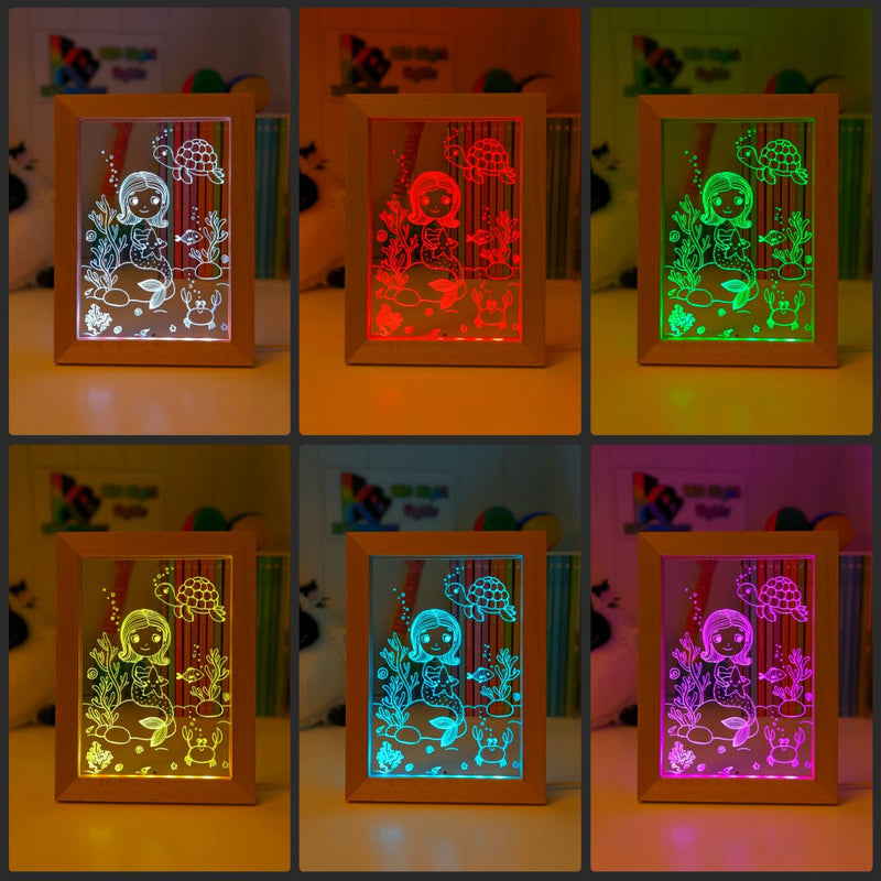 Mermaid Princess & Turtle Personalised Name Timber Picture Frame USB 3D LED Night Light Lamp - KustomboxNight Lights & Ambient LightingKustomboxTimber Frame Light
