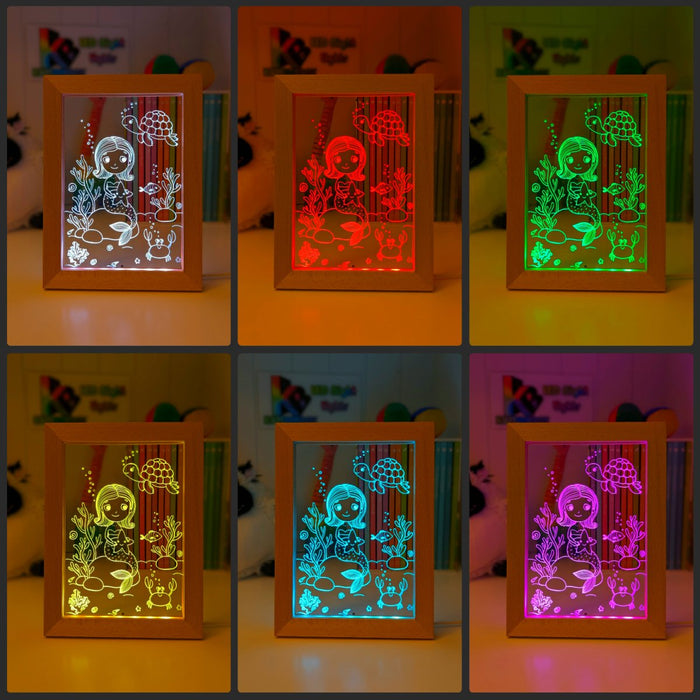 Mermaid Princess & Turtle Personalised Name Timber Picture Frame USB 3D LED Night Light Lamp - KustomboxNight Lights & Ambient LightingKustomboxTimber Frame Light