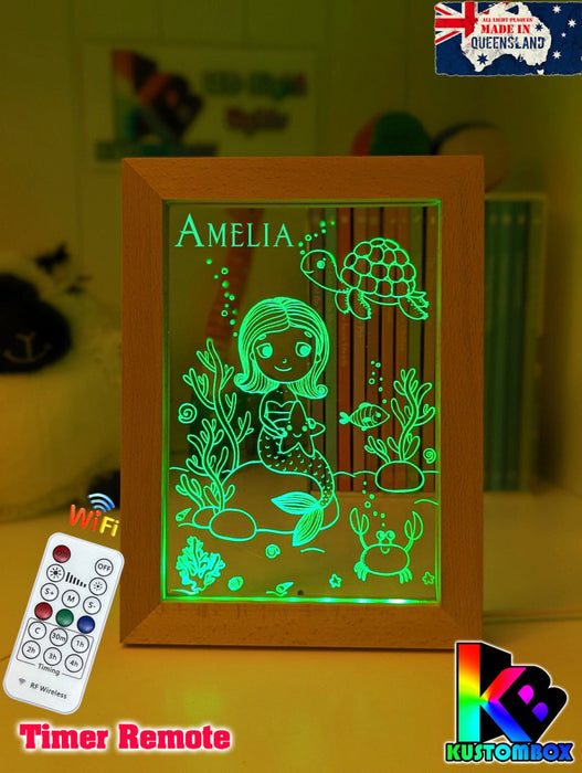 Mermaid Princess & Turtle Personalised Name Timber Picture Frame USB 3D LED Night Light Lamp - KustomboxNight Lights & Ambient LightingKustomboxTimber Frame Light