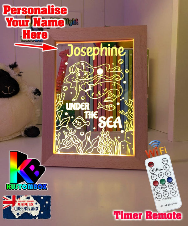 Mermaid Under the Sea Personalised Name Timber Frame USB 3D LED Night Light Lamp - KustomboxNight Lights & Ambient LightingKustomboxTimber Frame Light - $34.99