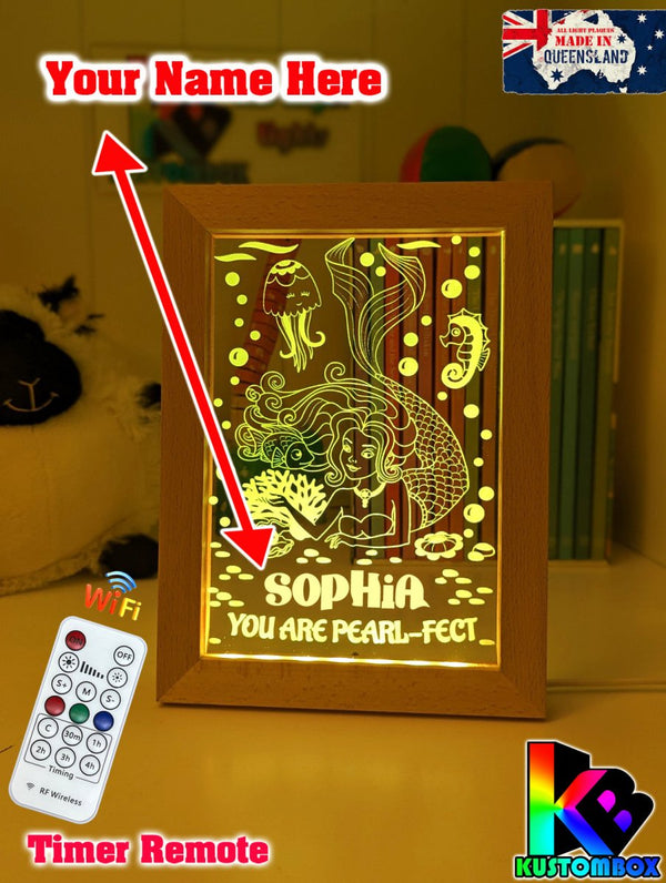 Mermaid You Are Perfect Personalised Name Timber Frame USB 3D LED Night Light Lamp - KustomboxNight Lights & Ambient LightingKustomboxTimber Frame Light - $34.99
