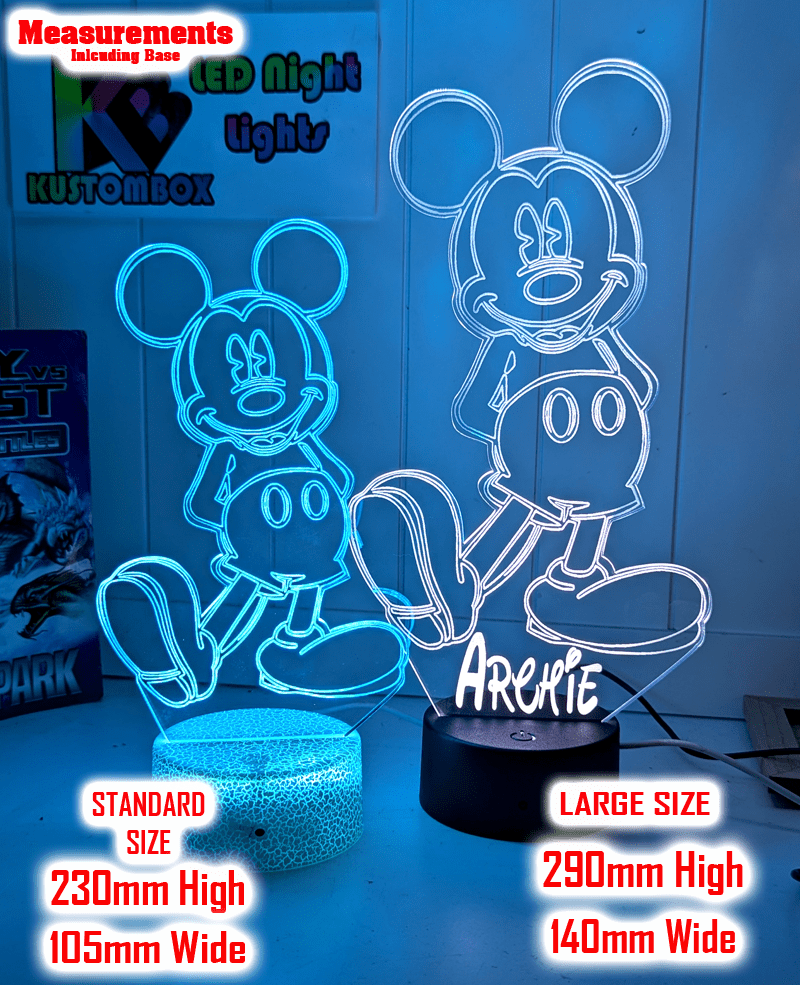 Mickey Mouse Standing Personalised 3D LED Night Light Custom Name Lamp 16 Colour - KustomboxNight Lights & Ambient LightingKustomboxStandard Size