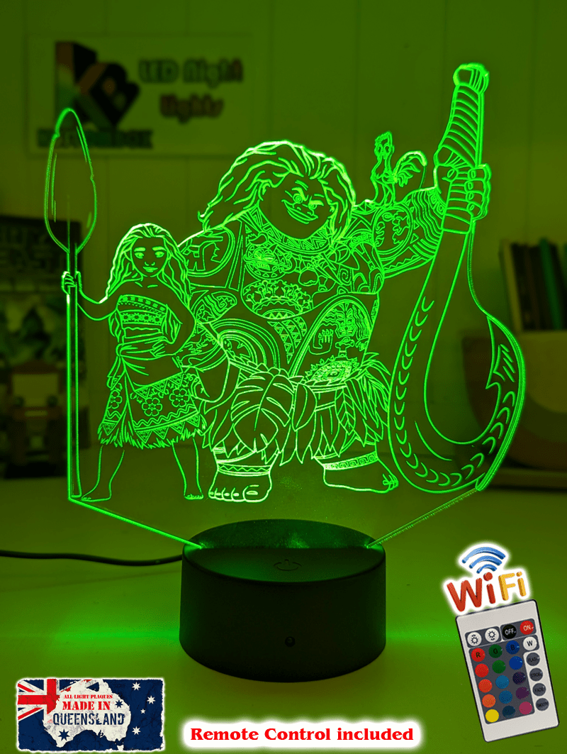 Moana & Maui Demigod Personalised Name 3D LED Night Light Childrens Bedroom Lamp - KustomboxNight Lights & Ambient LightingKustomboxStandard Size