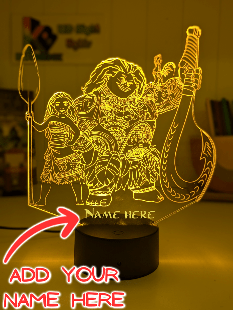 Moana & Maui Demigod Personalised Name 3D LED Night Light Childrens Bedroom Lamp - KustomboxNight Lights & Ambient LightingKustomboxStandard Size