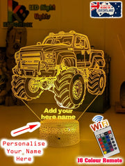 Monster Truck Big Dirt Personalised Name 3D LED Night Light Lamp - KustomboxNight Lights & Ambient LightingKustomboxStandard Size - No Name