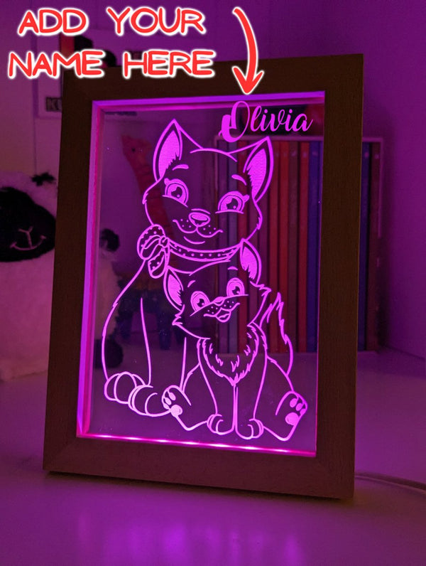 Mother Cat & Baby Kitten - Personalised Name Timber Frame USB 3D LED Night Light Lamp - KustomboxNight Lights & Ambient LightingKustomboxTimber Frame Light - $34.99