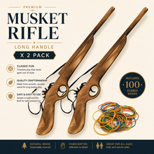 Two wooden musket rifles with 100 rubber bands on a white background