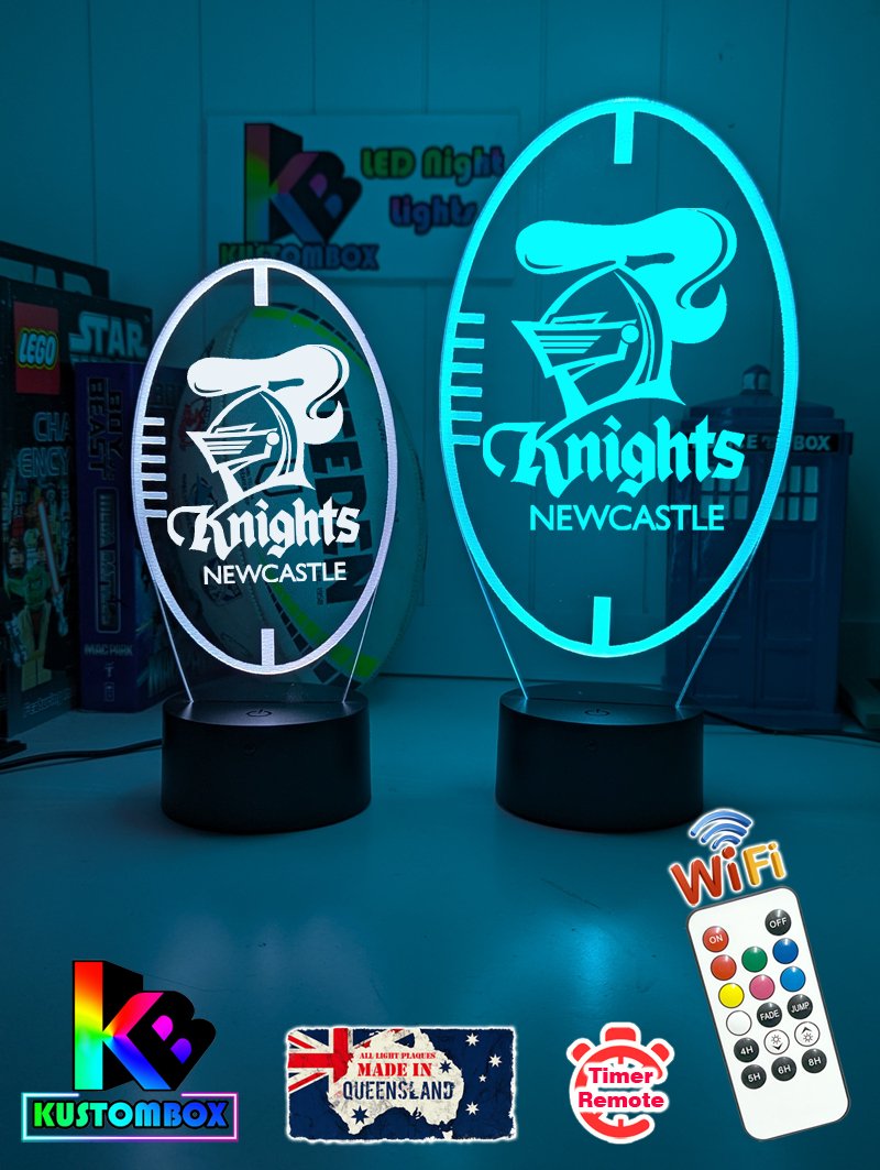 Personalised Newcastle Knights 3D LED night light glowing in 7 colours, perfect for kids or man caves, ball shape original logo 
