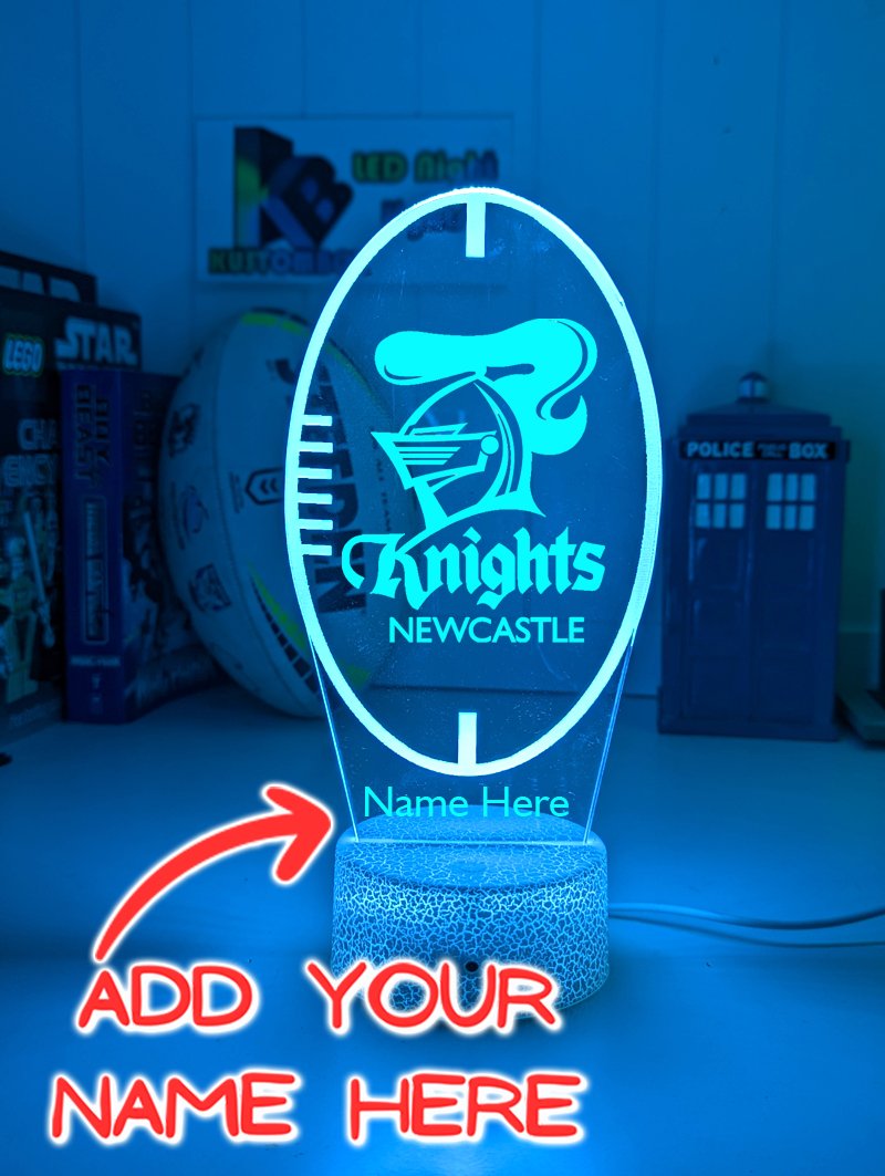 Newcastle Knights logo 3D acrylic light with 16-colour remote, ideal NRL gift for bedroom or bar, ball shape original logo. white crackle base