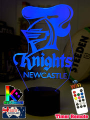 Newcastle Knights custom 3D LED lamp with name engraving and colour-changing effects, original logo blue team colour