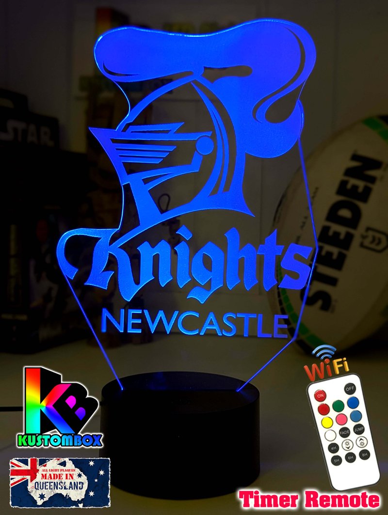 Newcastle Knights custom 3D LED lamp with name engraving and colour-changing effects, original logo blue team colour