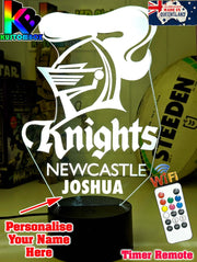 Newcastle Knights rugby league 3D LED night light with USB power and multi-colour fade mode, original logo. custom name option
