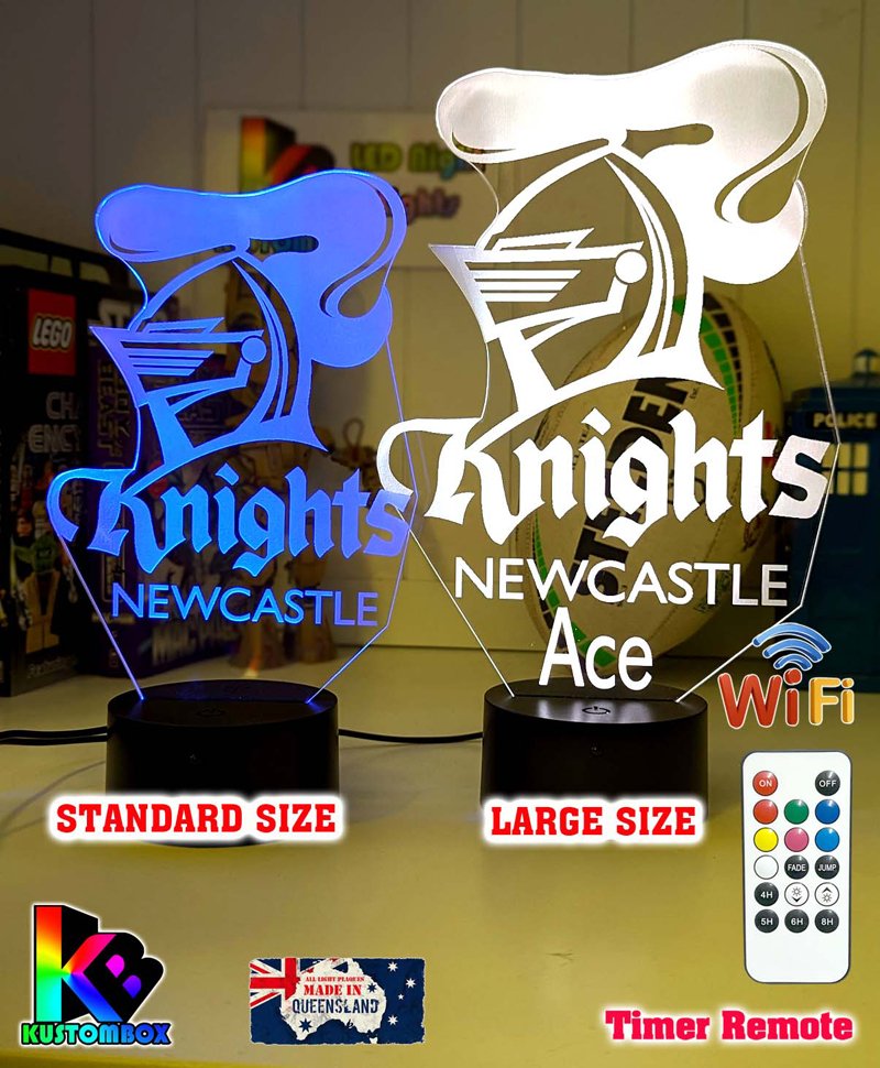 Personalised Newcastle Knights LED night light featuring team logo outline and custom engraving, original logo dual size choice