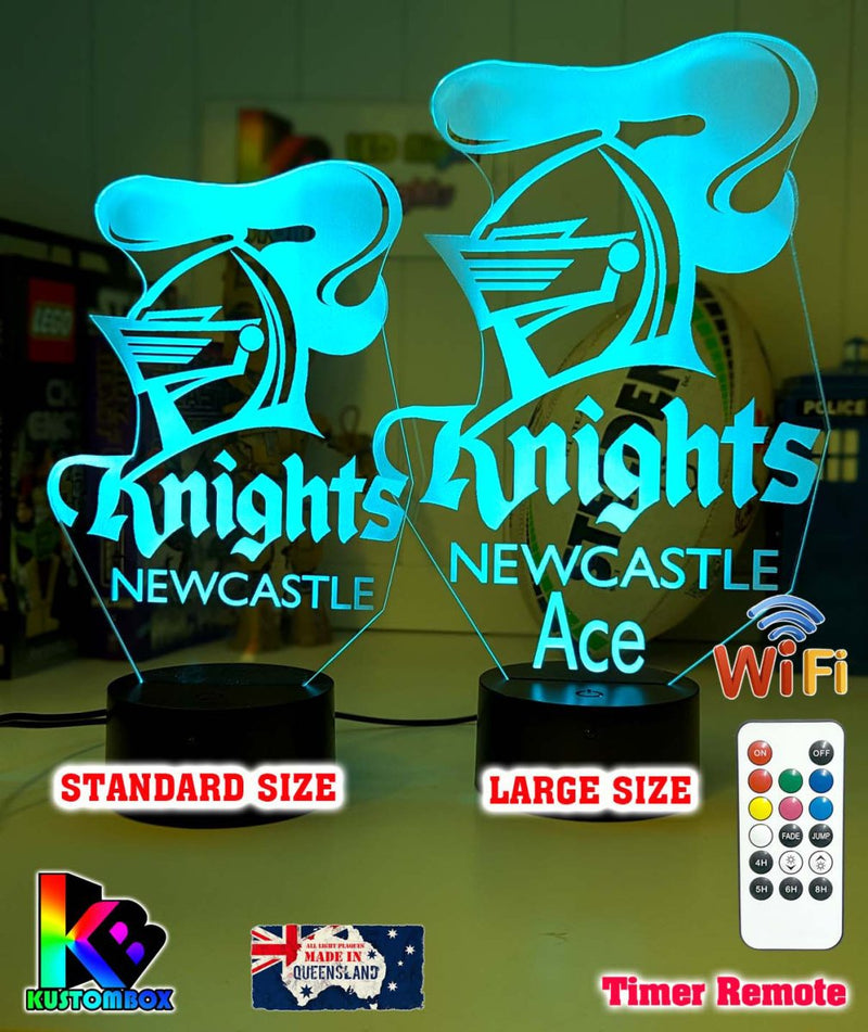 Personalised Newcastle Knights 3D LED night light glowing in 7 colours, perfect for kids or man caves, original logo 
