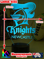 Custom Newcastle Knights LED lamp with engraved name, multi-colour lighting for rugby league fans, original logo. Large size lamp 