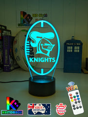 Newcastle Knights 3D LED logo light, engraved with name or number, showing vivid colour options, Blue colour ball shaped light 