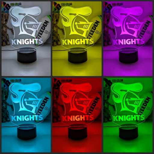 Custom Newcastle Knights LED lamp with engraved name, multi-colour lighting for rugby league fans colour collage 