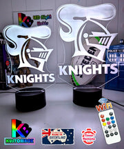 Newcastle Knights custom 3D LED lamp with name engraving and colour-changing effects, dual size difference