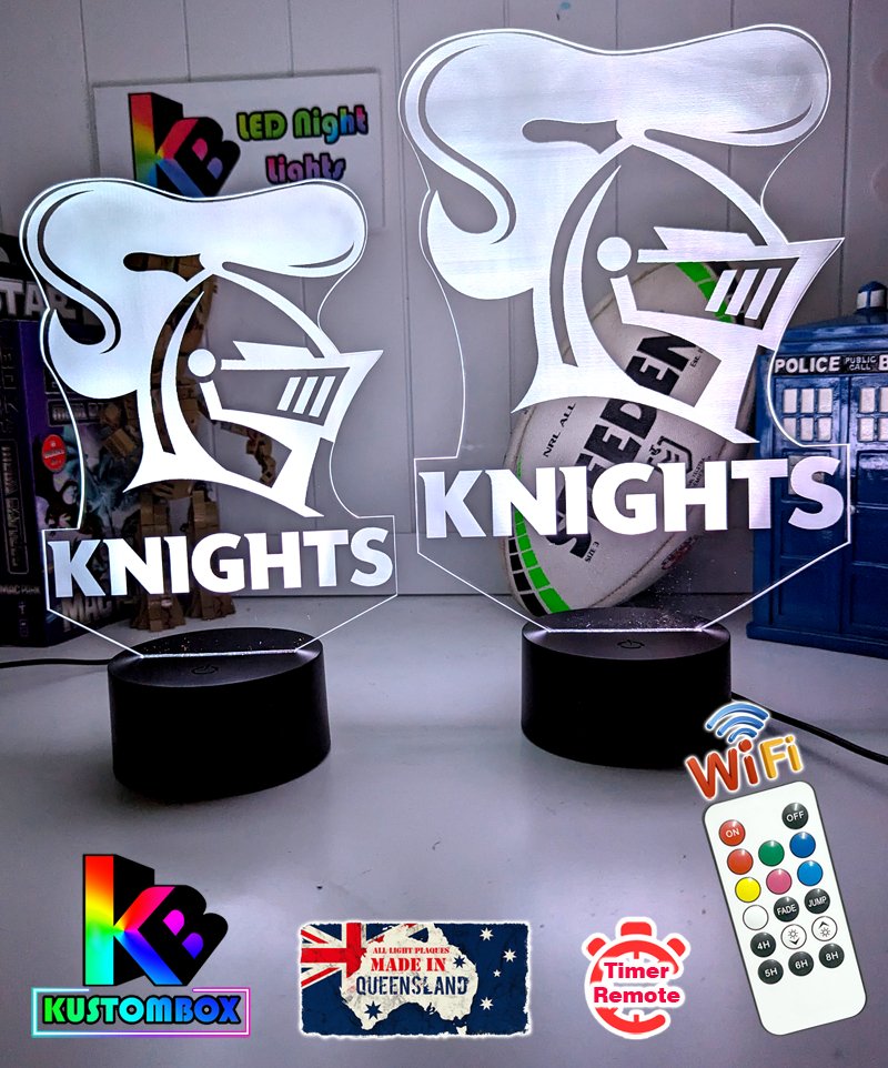 Newcastle Knights custom 3D LED lamp with name engraving and colour-changing effects, dual size difference