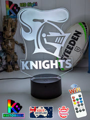 Newcastle Knights logo 3D acrylic light with 16-colour remote, ideal NRL gift for bedroom or bar, black light base