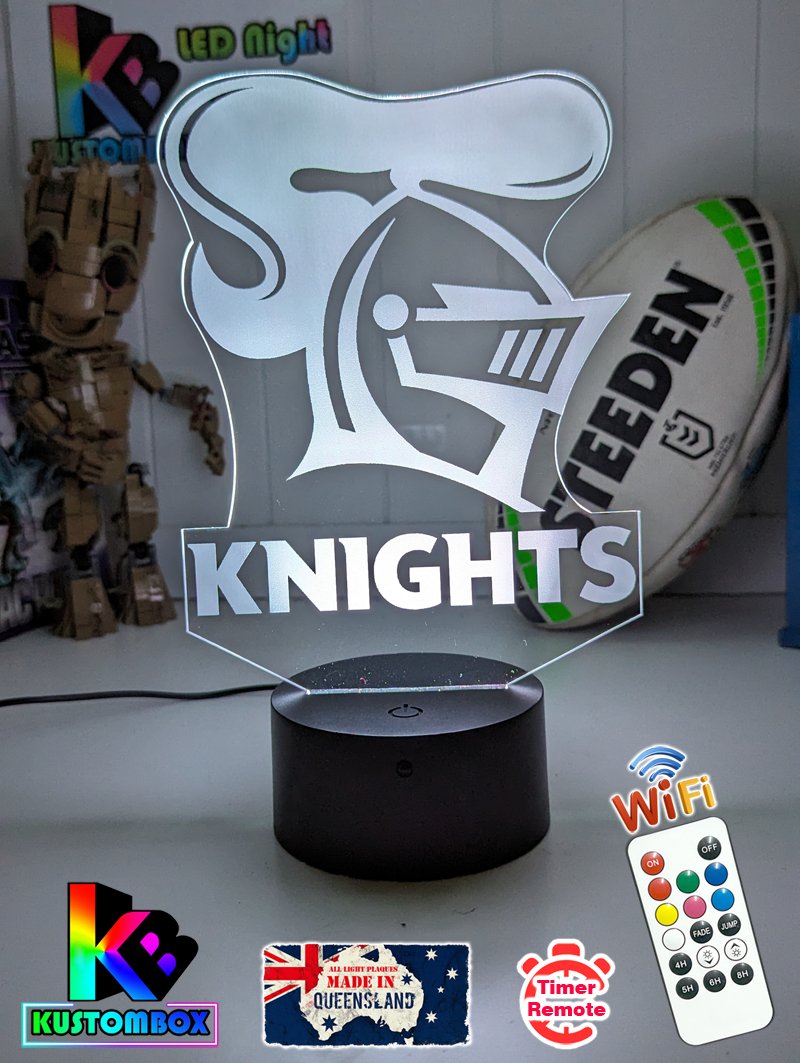 Newcastle Knights logo 3D acrylic light with 16-colour remote, ideal NRL gift for bedroom or bar, black light base