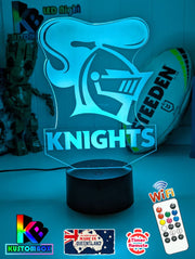 Personalised Newcastle Knights 3D LED night light glowing in 7 colours, perfect for kids or man caves, new logo 