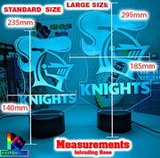 Personalised Newcastle Knights LED night light featuring team logo outline and custom engraving.  size Measurement chart 