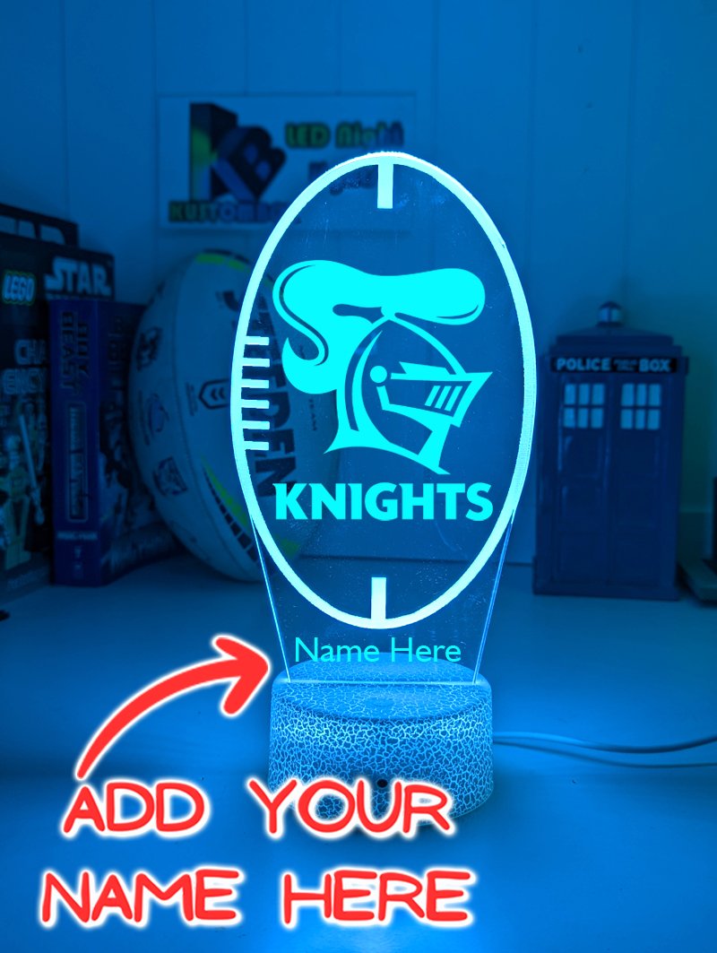 Personalised Newcastle Knights acrylic LED night lamp, flashing or fading NRL team logo display. new Logo ball shaped white crackle base
