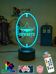 North Queensland Cowboys logo 3D acrylic light with 16-colour remote, ideal NRL gift for bedroom or bar, ball shaped lamp blue colour 