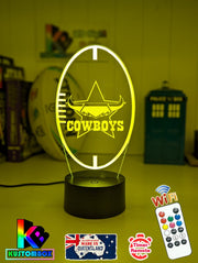 Custom North Queensland Cowboys LED lamp with engraved name, multi-colour lighting for rugby league fans, ball shaped lamp