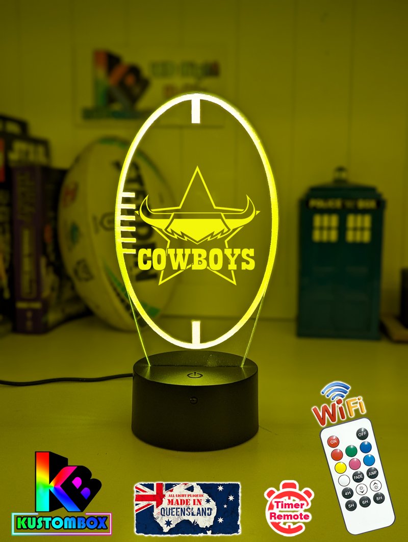 Custom North Queensland Cowboys LED lamp with engraved name, multi-colour lighting for rugby league fans, ball shaped lamp