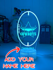 Personalised North Queensland Cowboys LED night light featuring team logo outline and custom engraving. White crackle base blue colour 