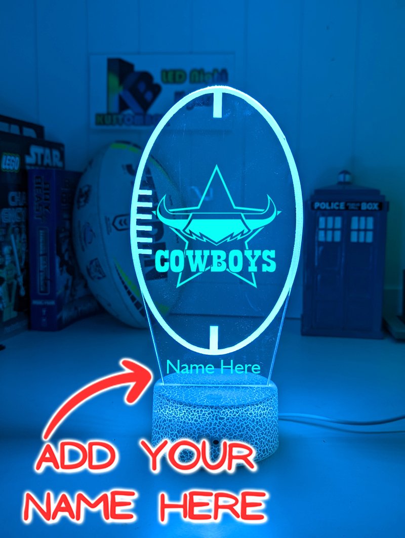 Personalised North Queensland Cowboys LED night light featuring team logo outline and custom engraving. White crackle base blue colour 
