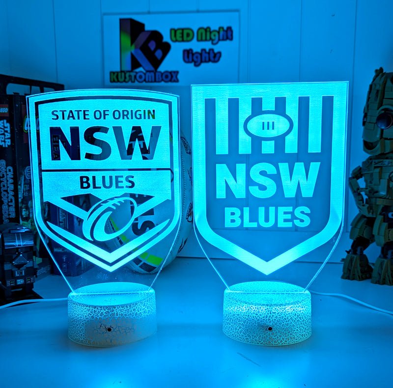 NSW Blues custom 3D LED lamp with name engraving and colour-changing effects, base colour choices 