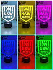 Custom NSW Blues LED lamp with 7-colour glow, perfect NRL-themed gift, black base colour choices
