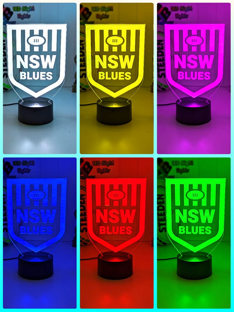 Custom NSW Blues LED lamp with 7-colour glow, perfect NRL-themed gift, black base colour choices