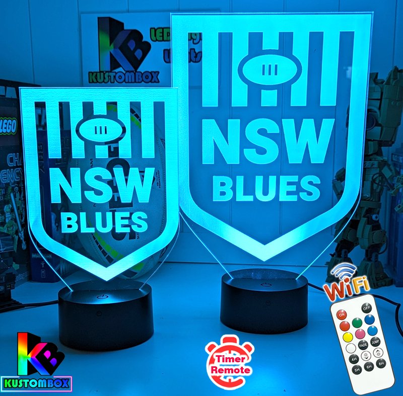 NSW Blues 3D LED new logo light, engraved with name or number, showing vivid colour options