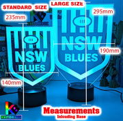 NSW Blues logo LED night light with engraved name option and remote colour control, size measurement large and small
