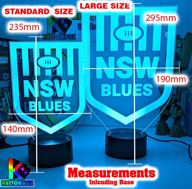 NSW Blues logo LED night light with engraved name option and remote colour control, size measurement large and small