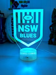 Personalised NSW Blues acrylic LED night lamp, flashing or fading NRL team logo display, white crackle base blue 