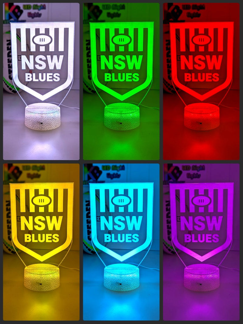 NSW Blues rugby league 3D LED night light with USB power and multi-colour fade mode, white crackle base colour choices