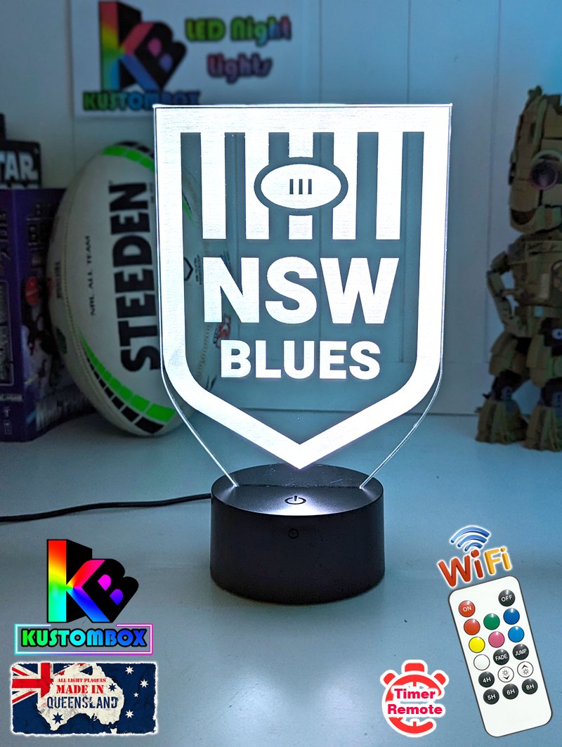 NSW Blues New Logo Banner Rugby League Football LED Night Light Room Lamp Mancave - KustomboxNight Lights & Ambient LightingKustomboxStandard Black Base