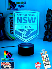Personalised NSW Blues 3D LED night light glowing in 7 colours, perfect for kids or man caves