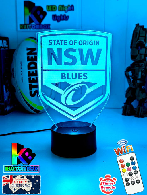 Personalised NSW Blues 3D LED night light glowing in 7 colours, perfect for kids or man caves