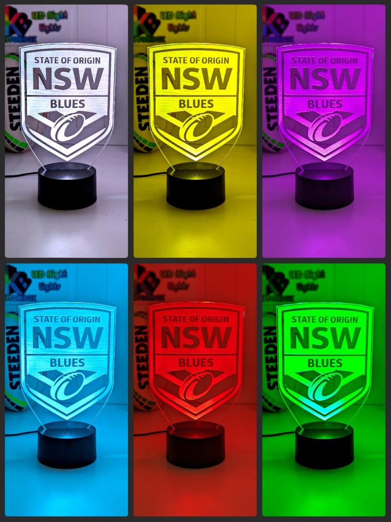 Personalised NSW Blues LED night light featuring team logo outline and custom engraving colour choices 16 colours 